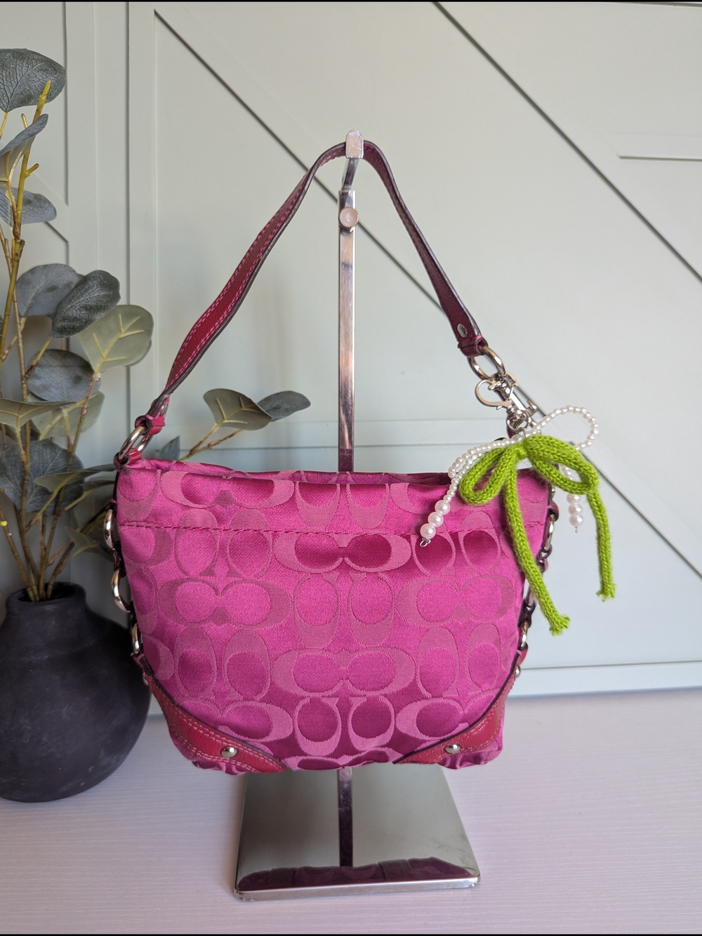 Coach Pink Signature Jacquard Shoulder Bag with Pearl Charm - Picture 8 of 16